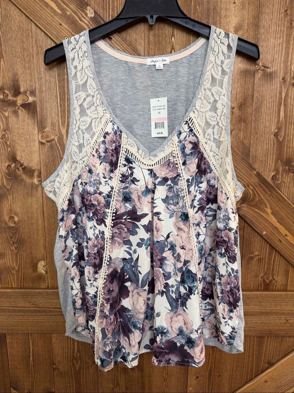 Skylar + Jade Women’s Floral Lace Trim Sleeveless Tank Top Gray NWT Size 2X (928